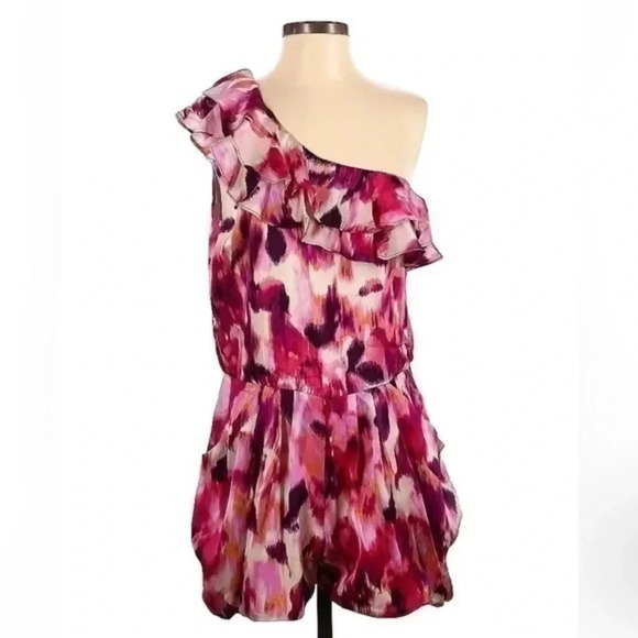 Bebe | 100% Silk One Shoulder Chic Garden Floral Watercolor Print Romper Size S - Picture 1 of 2